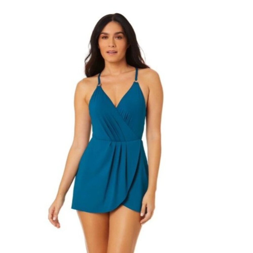 NWT Anne Cole Gold Ring sz 10 One-Piece Swimsuit w/Sarong Skirt/Cross Back Strps